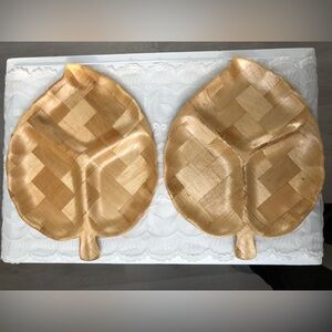 Vintage 1970’s Woven Wood Leaf Serving Set of Two Trays